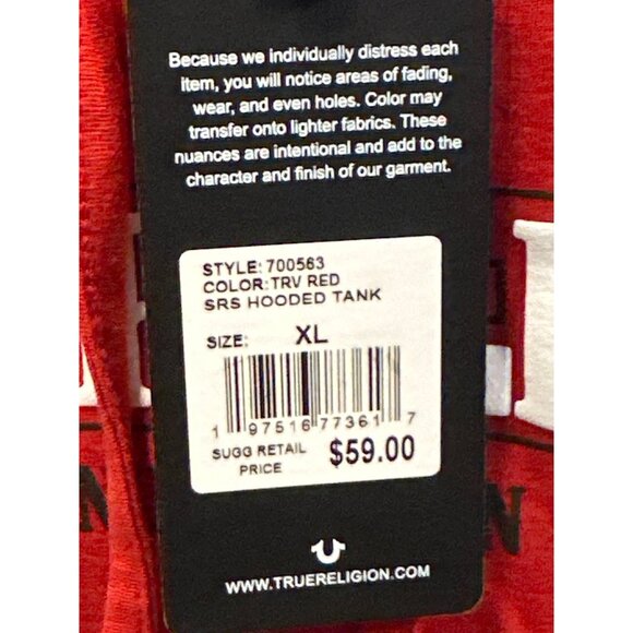 True Religion Red Hooded Tank Top XL Cotton - Picture 3 of 6